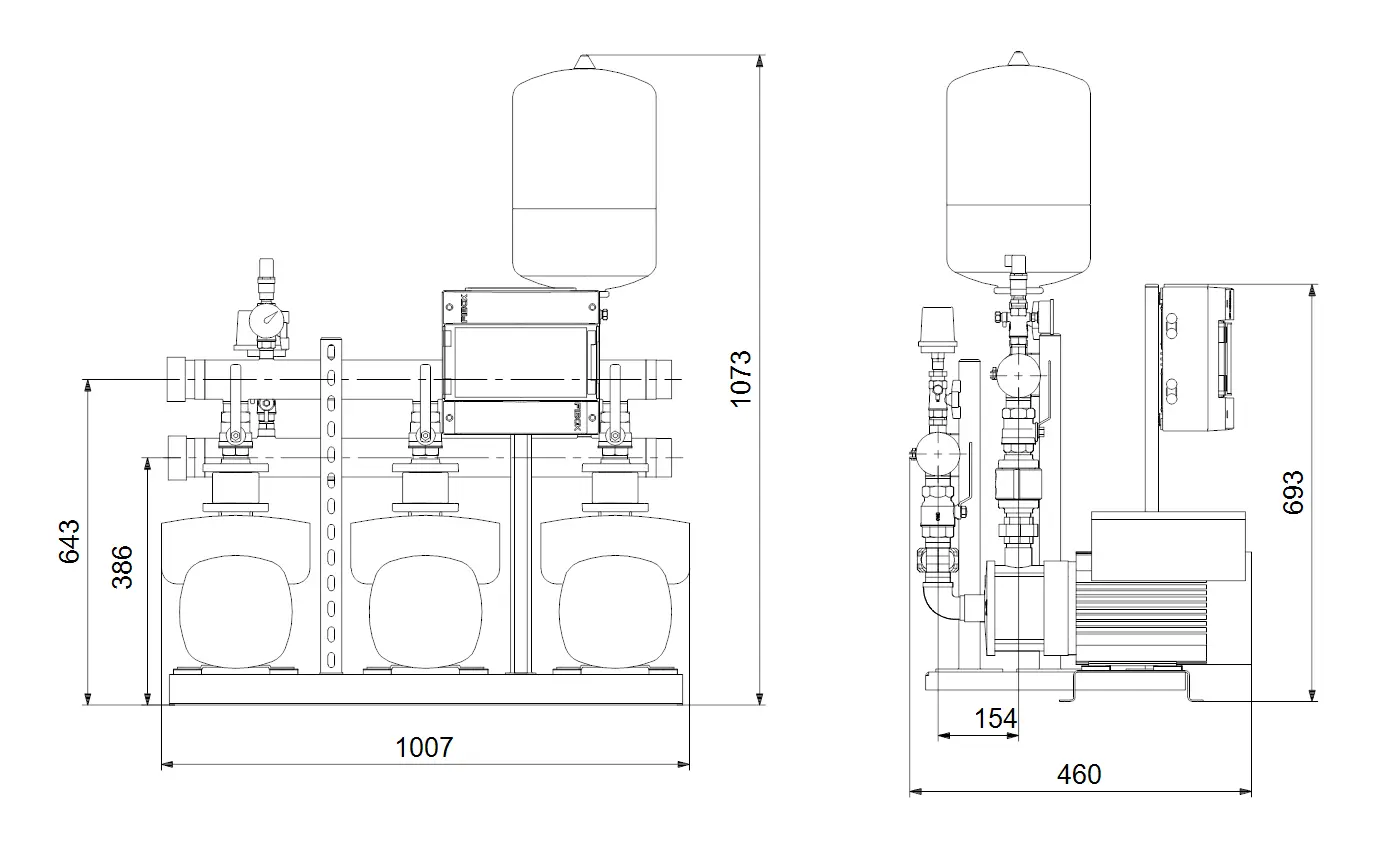 Druckerhöhungsanlage von Grundfos mit mehreren Pumpen, ausgestattet mit Steuerungseinheit und Druckbehälter. Technische Darstellung mit Abmessungen und Anschlüssen.